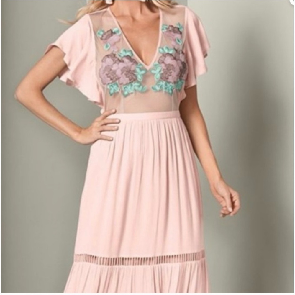 Elegant Peachy Pink Floral Embroidered Dress